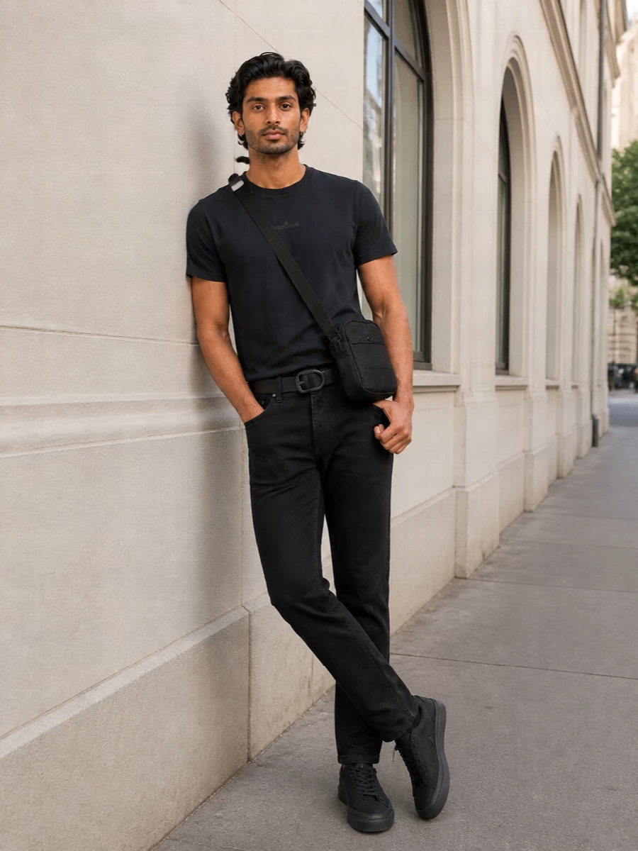 Stone island black tee black jeans sneakers