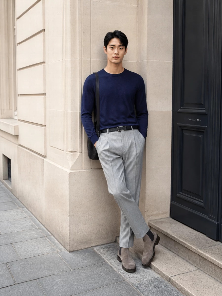 An ink-navy fine-gauge crewneck is paired with light grey pleated trousers for a crisp, minimalist take on modern tailoring that still feels relaxed. Taupe suede Chelsea boots and a dark chocolate intrecciato crossbody introduce soft, luxurious textures, while a slim black belt quietly sharpens the silhouette for an understated, impeccably put-together FW ensemble.