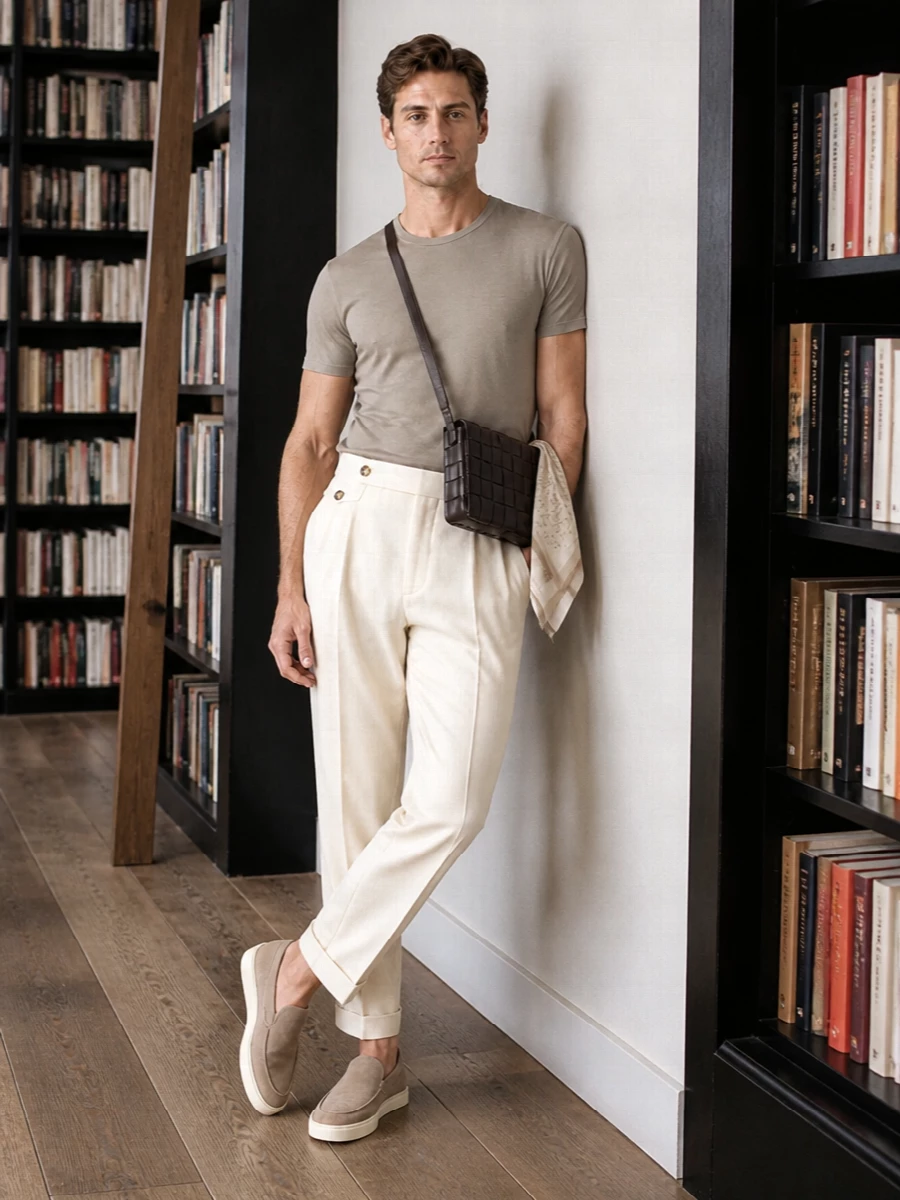 Brunello cucinelli taupe tee ivory trousers outfit