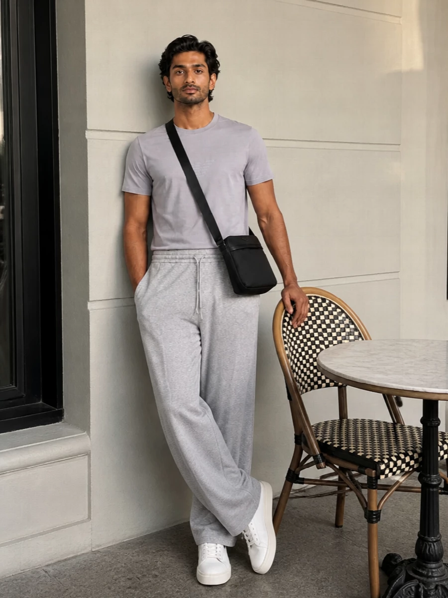 Soft grey tones keep this off-duty set calm and minimal, with the wide-leg jogger and tonal tee creating a clean, relaxed line. Creamy low-top sneakers and a slim black crossbody sharpen the mood just enough for city errands or travel without losing that loungewear ease.