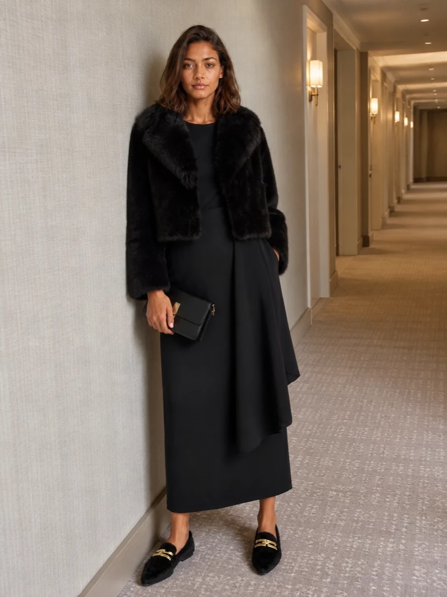 I am anchoring this around the dress route, because the faux-fur coat reads most convincing over a sculpted black evening column rather than layered atop additional tailoring. The Róhe asymmetric midi and Aquazzura fur-trimmed loafers create a monochrome, textural story that feels minimalist yet plush, with the Furla flap bag bringing a clean, discreet finish. The result is a quietly luxurious winter evening ensemble that balances volume at the shoulder with a long, fluid line through the body and leg.