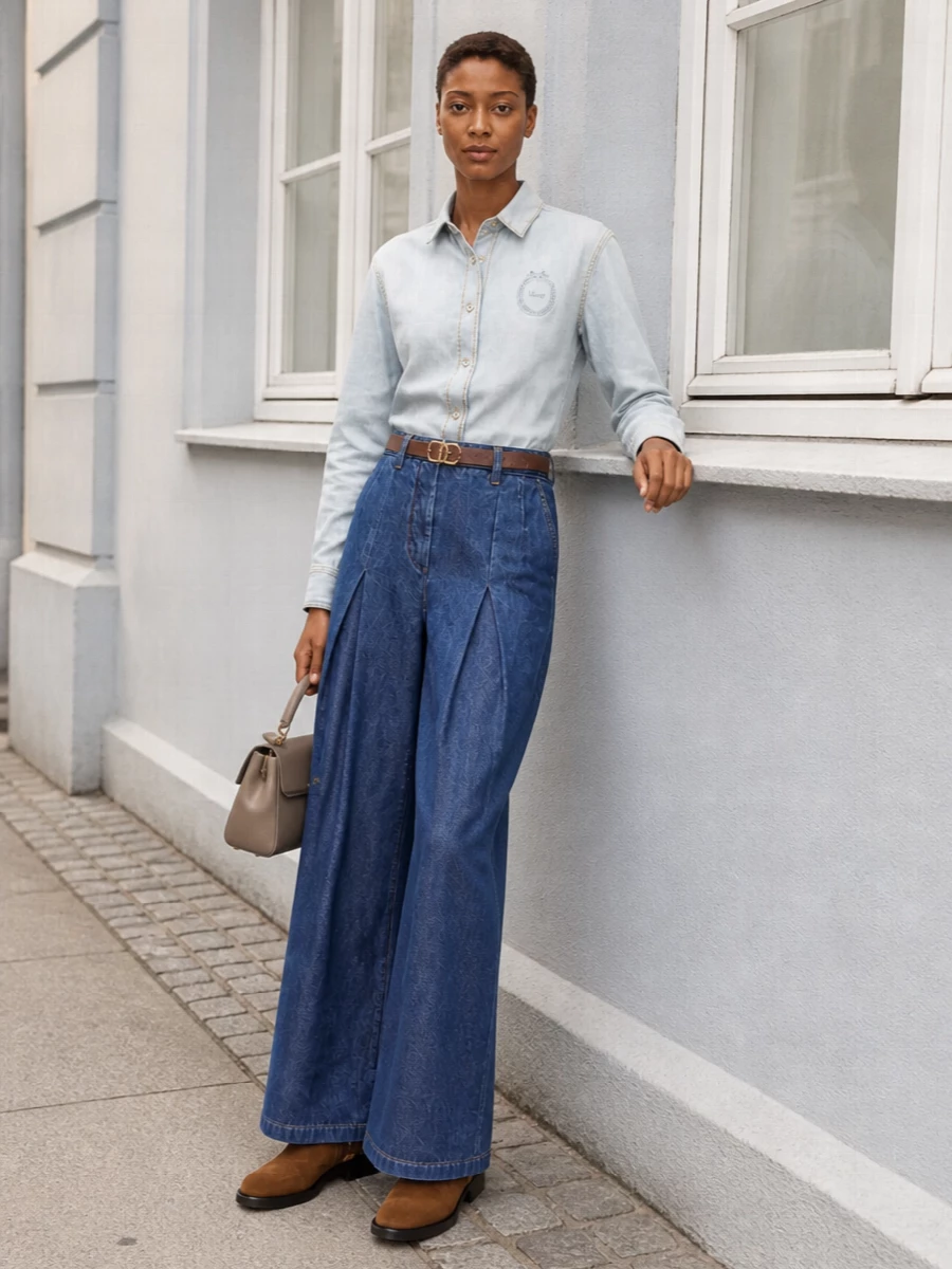 Softly washed Dior denim meets sharply cut indigo wide-legs for a clean, elongated take on double denim. Tan suede boots, a taupe top-handle and a slim leather belt warm the palette, keeping everything relaxed yet deliberately put together for city days and low-key dinners. The result is refined off-duty denim that reads polished without feeling formal.