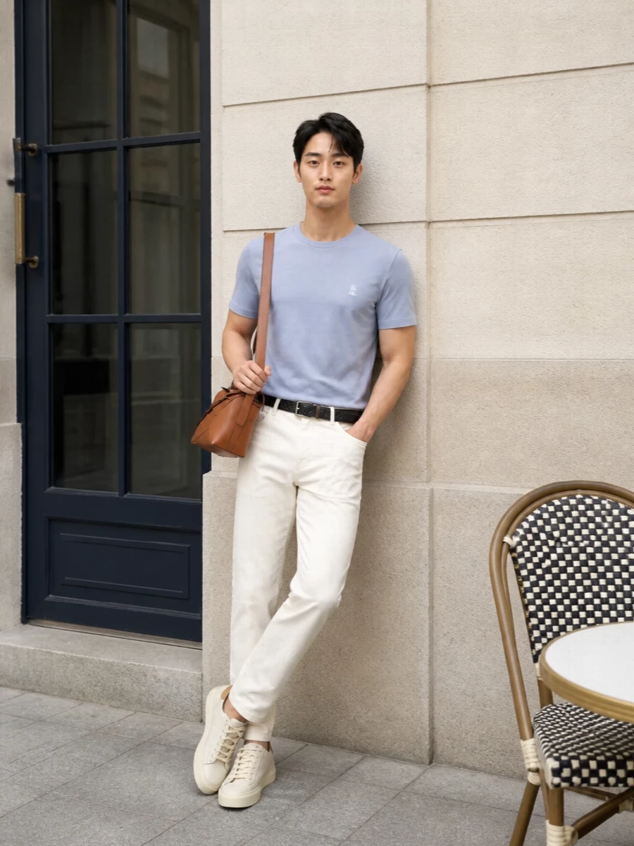 The powder-blue Brunello tee sits crisply over off-white five-pocket trousers, creating a light, tonal base that feels effortlessly polished for SS. Eggshell and sand-beige sneakers keep the lines streamlined and relaxed, while the tan Loewe shoulder bag and discreet Bottega belt add just enough structure and craft to underline the quiet-luxury attitude without disturbing the softness of the palette.