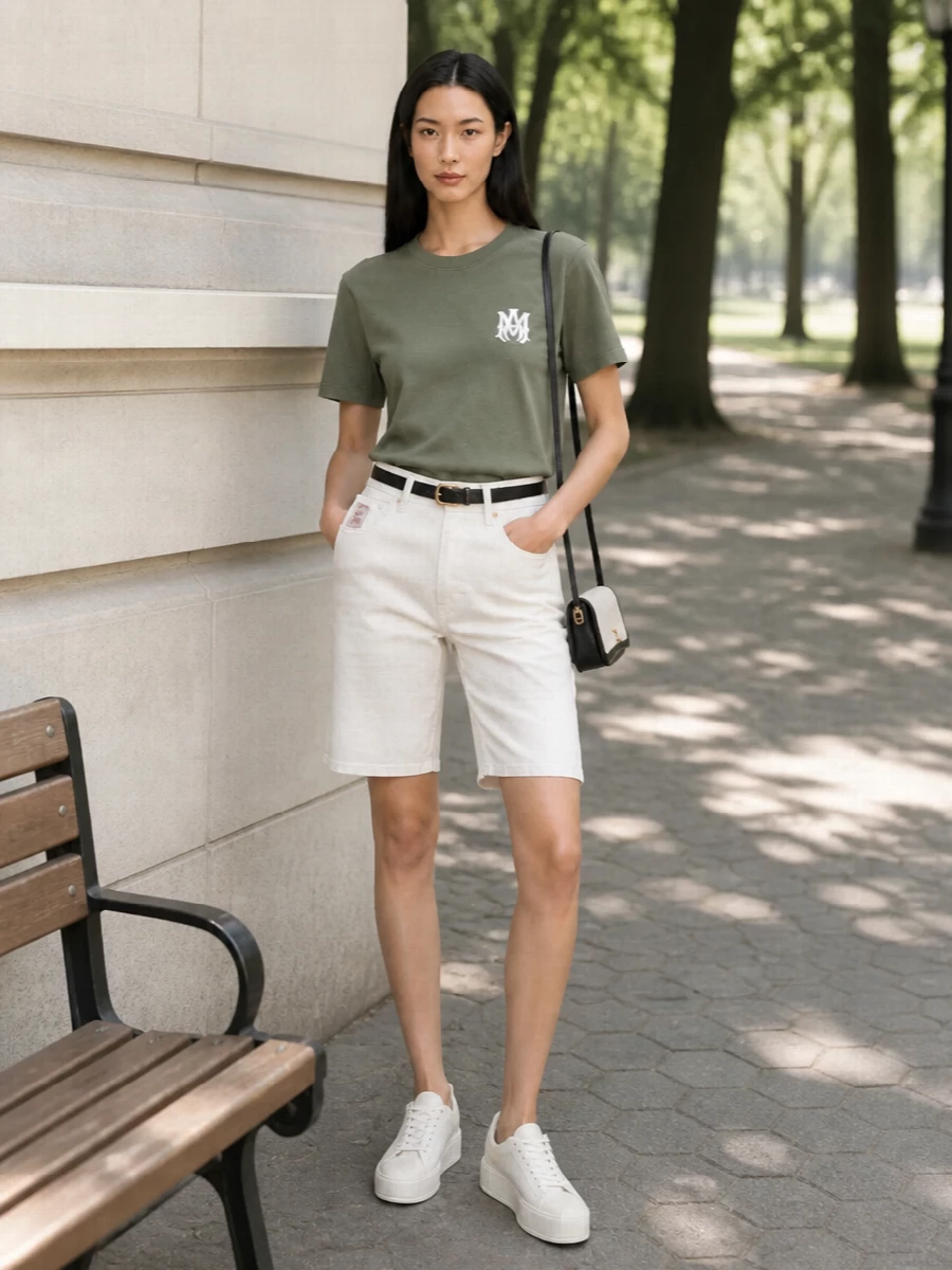 Khaki and soft white keep this Amiri tee super clean, paired with structured off-white denim shorts for a laid-back but intentional summer uniform. Off-white sneakers keep the palette soft and minimal, while the petite canvas-and-black baguette and slim black belt add just enough structure and polish without diluting the street attitude.