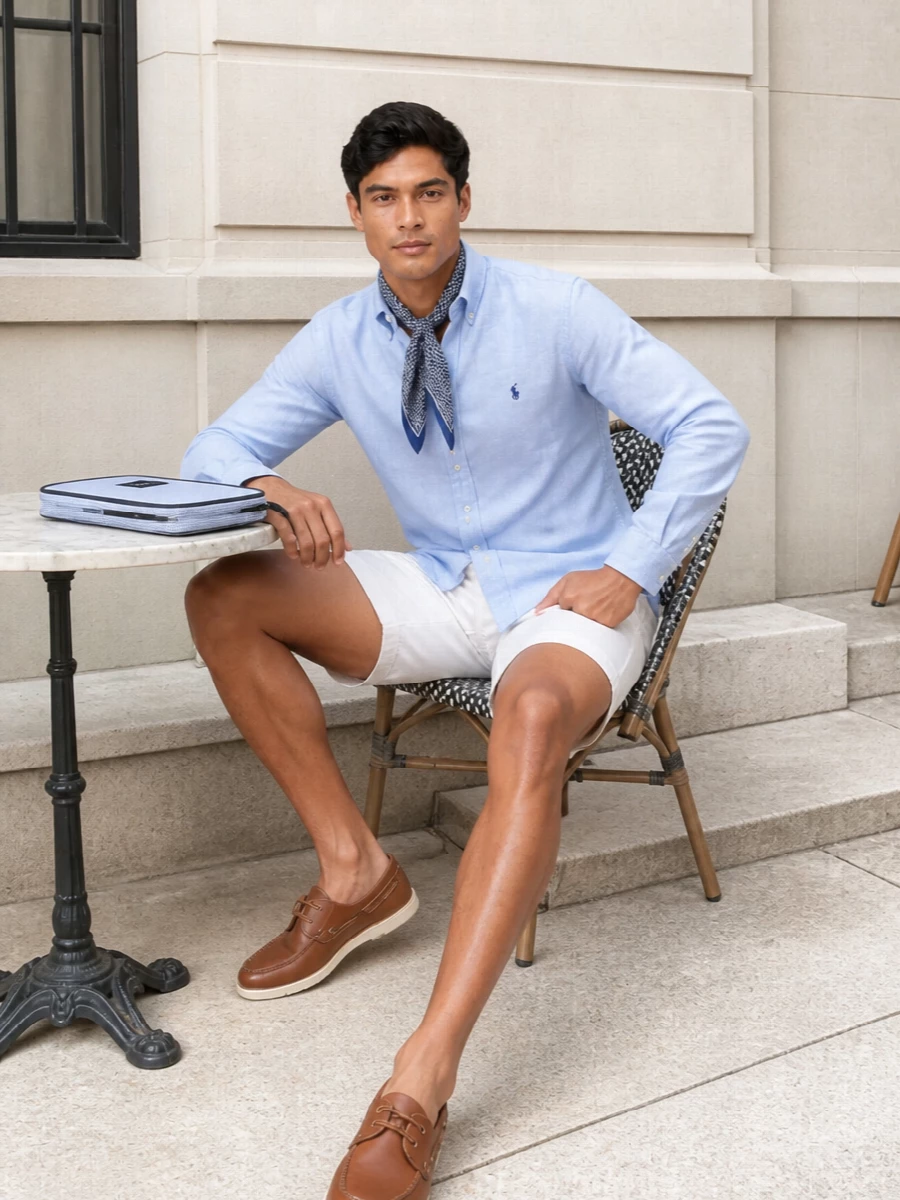Light blue and optic white set a clean, collegiate summer base, with the shirt and chino short pairing like a modern Riviera take on East Coast prep. Tan boat loafers warm the palette, while the pale-blue pinstripe clutch and silk scarf echo the shirting tone for a subtle, quietly luxurious finish.
