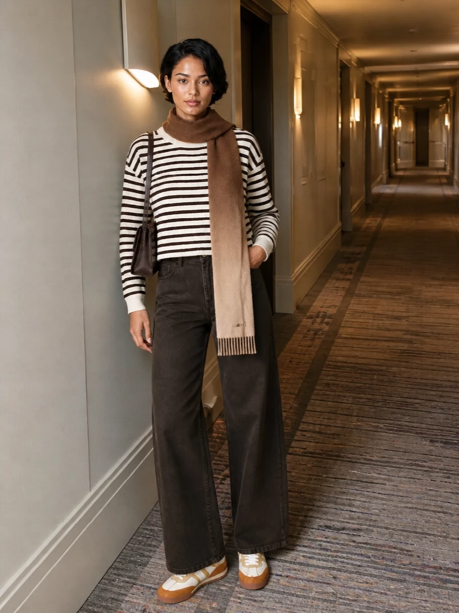 Closed striped sweater wide leg brown jeans outfit