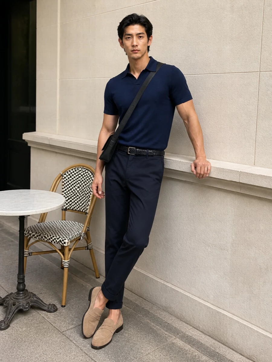 Dondup navy chinos knit polo tods suede loafers