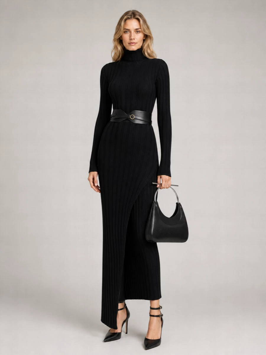 Ann Demeulemeester Virgin Wool Mock Turtleneck Maxi Dress