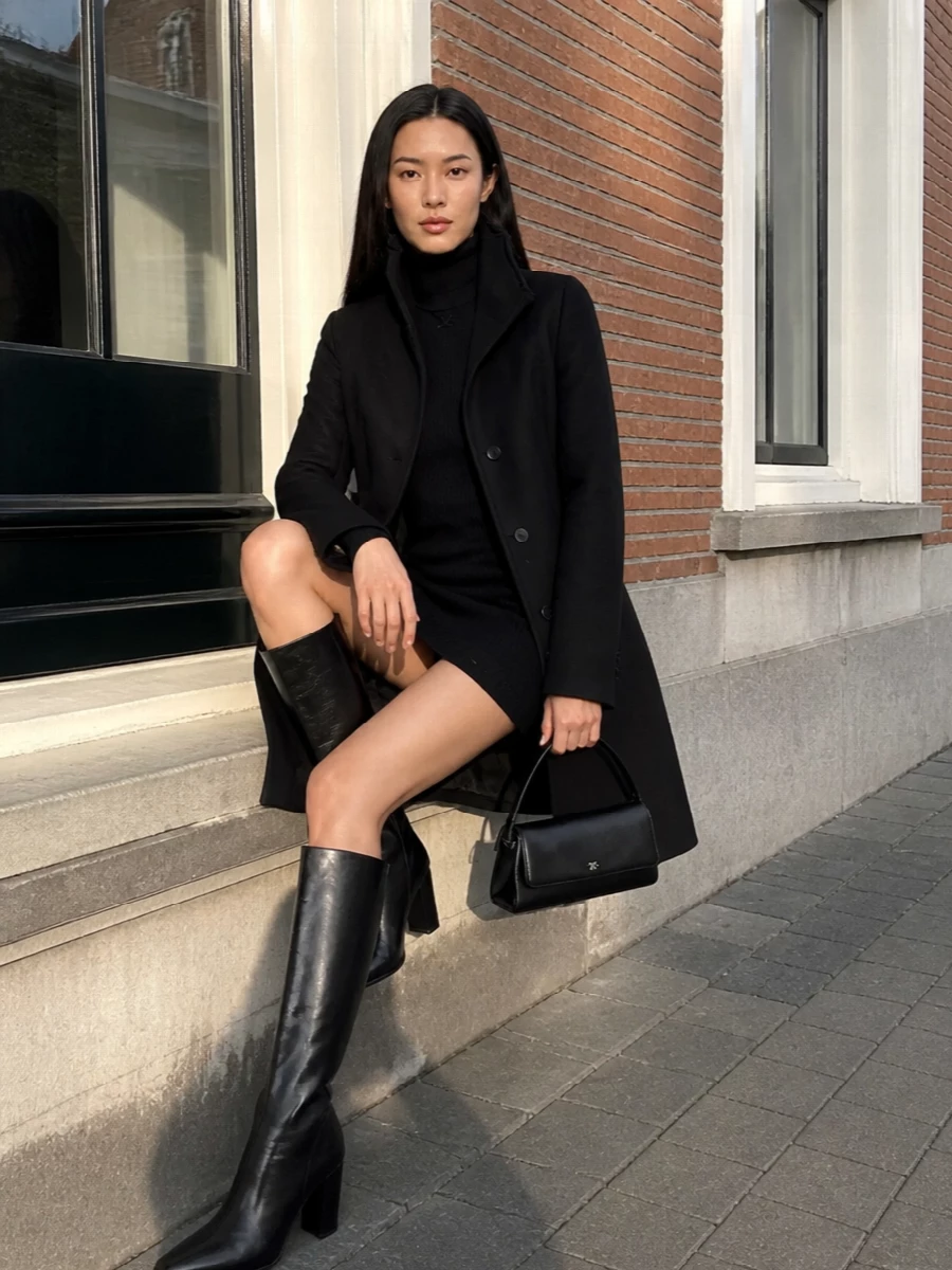 Courreges black coat knit mini dress outfit