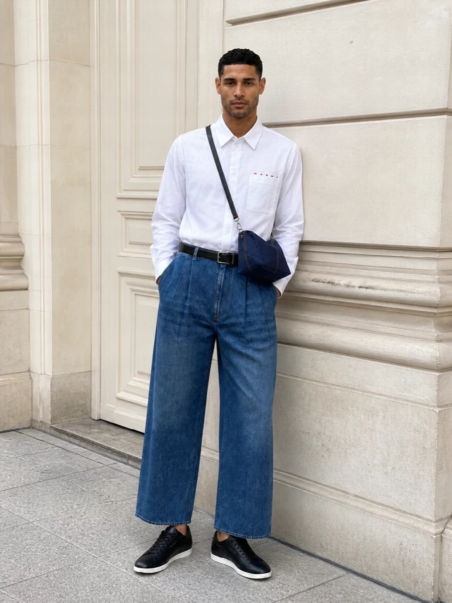 Marni wide leg jeans white shirt black sneakers