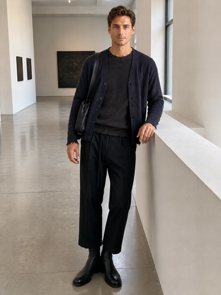Uma wang cardigan black cropped trousers outfit