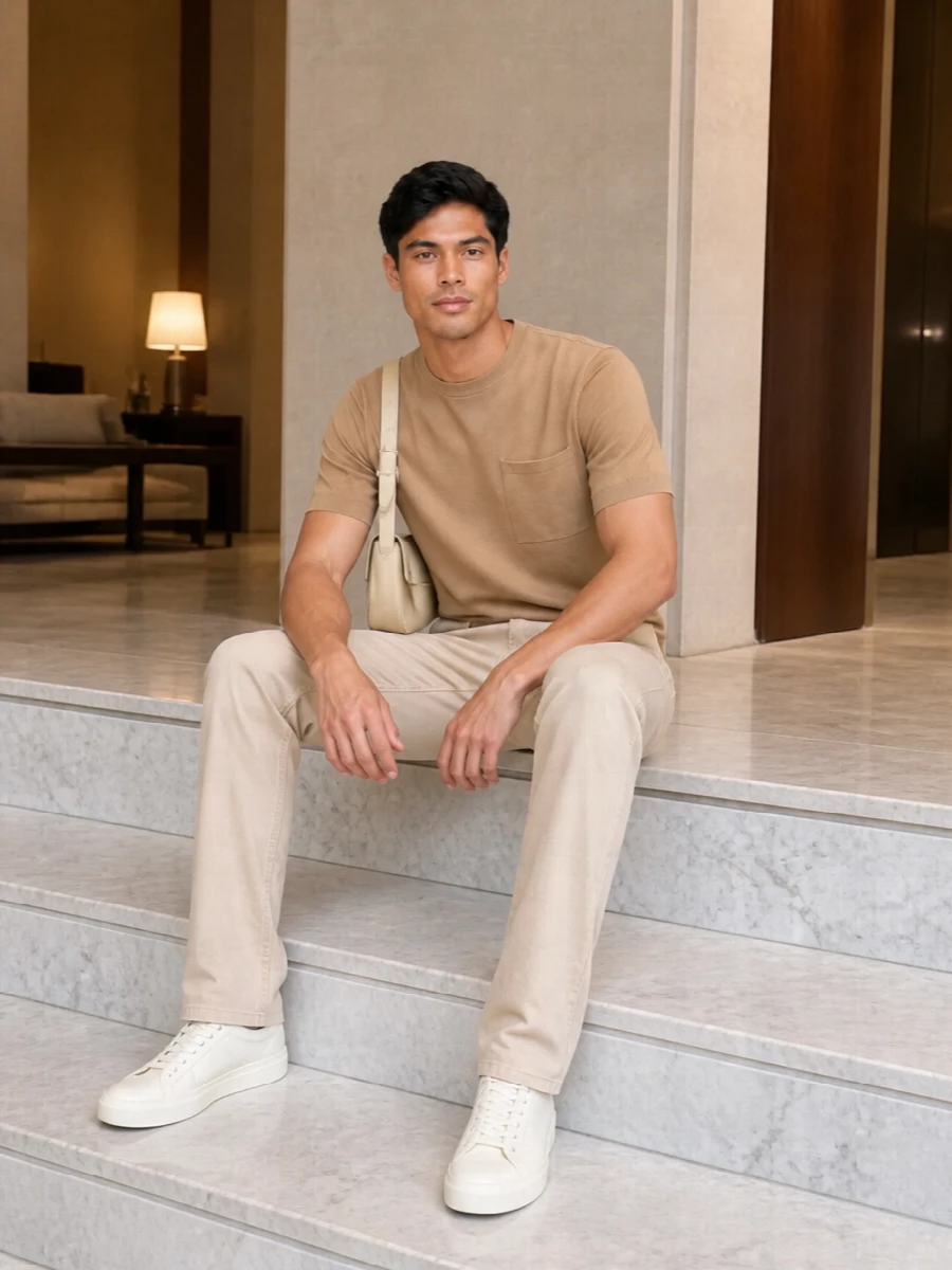 Moschino camel knit beige trousers white sneakers