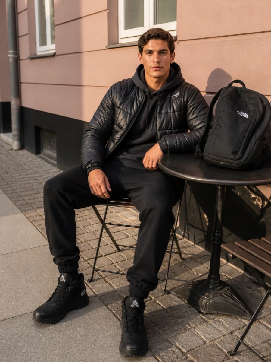 The north face quilted jacket joggers outfit
