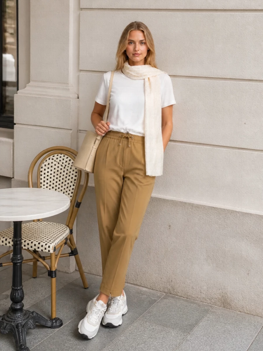 Herno camel track pants white tee coperni bag
