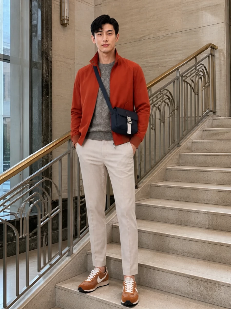 Baracuta bomber cropped beige trousers outfit