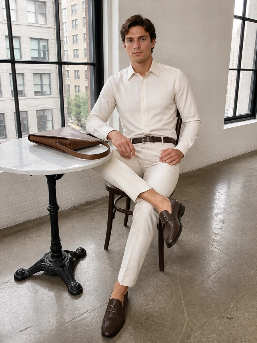 Dolce gabbana ivory trousers brown loafers outfit