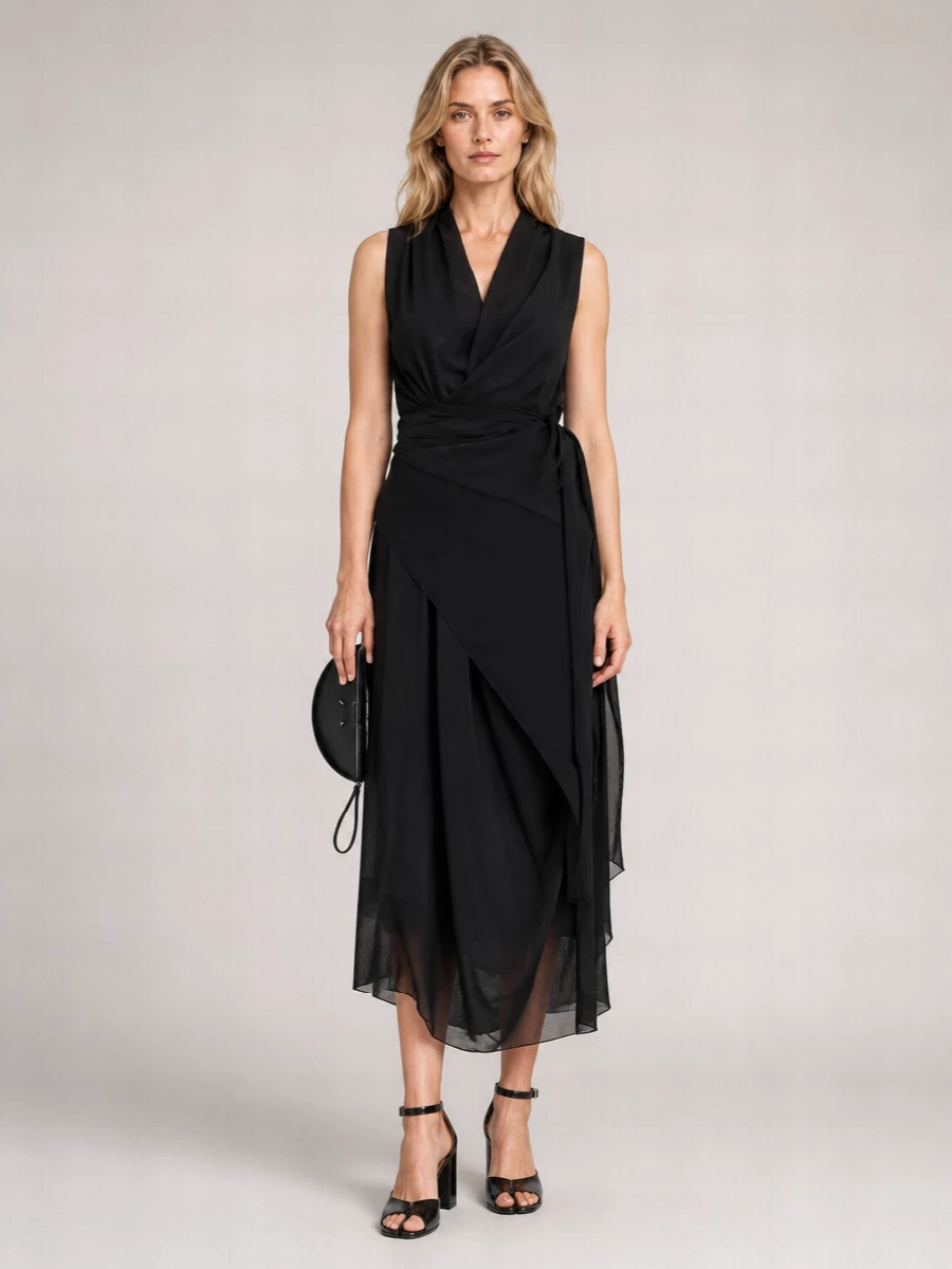 Maison Margiela Silk Draped Sleeveless V-Neck Wrap Midi Dress