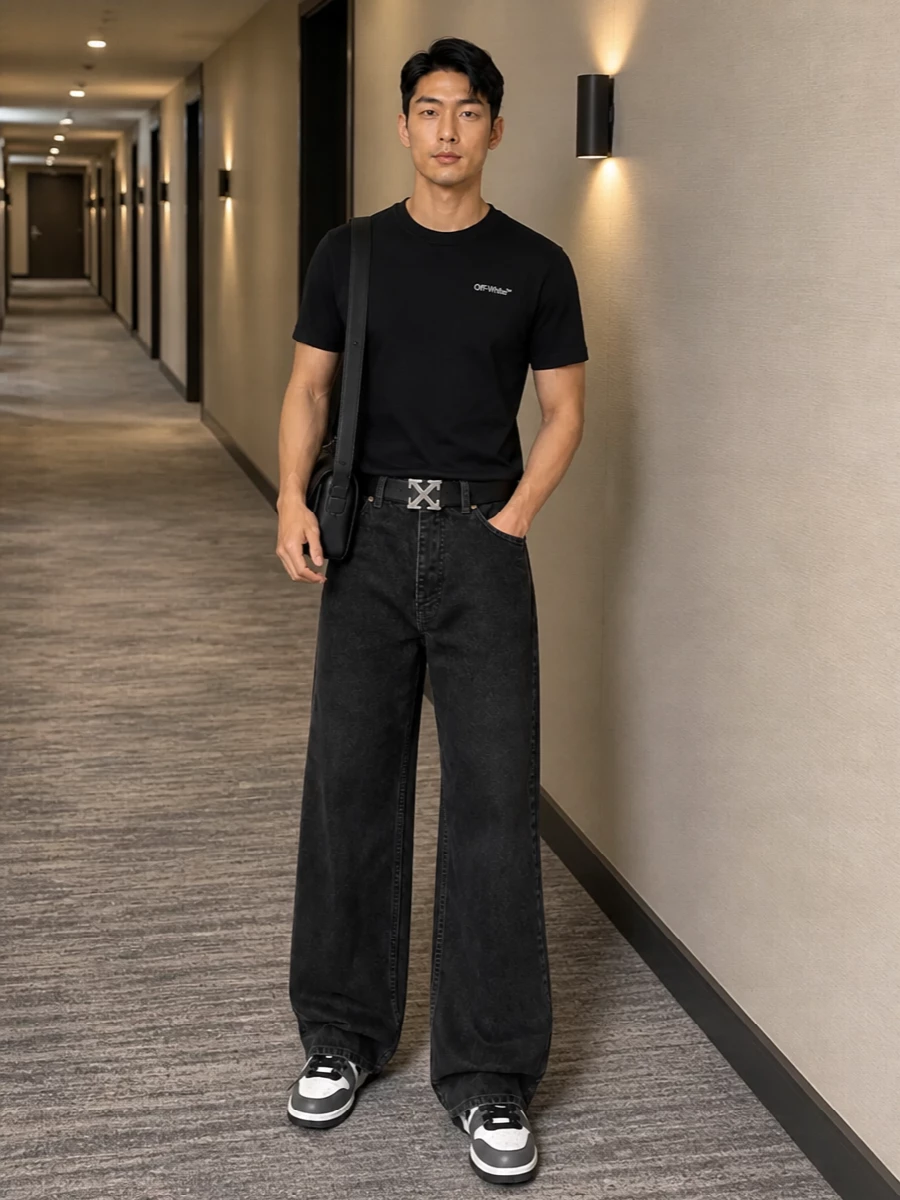 Off white black wide leg jeans sneakers outfit