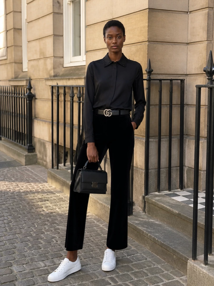 Golden goose black shirt velvet trouser outfit