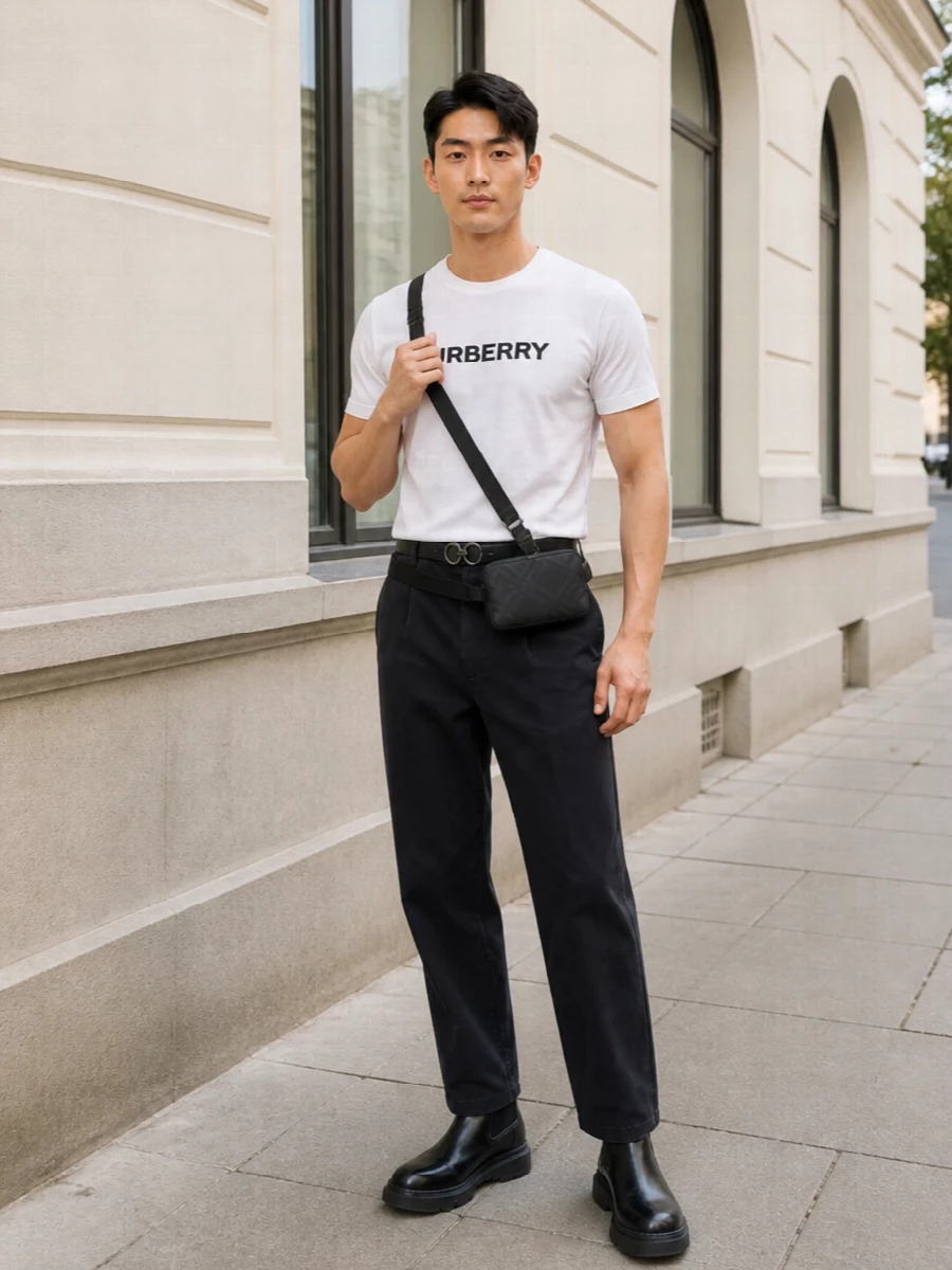 Burberry logo tshirt black trousers boots