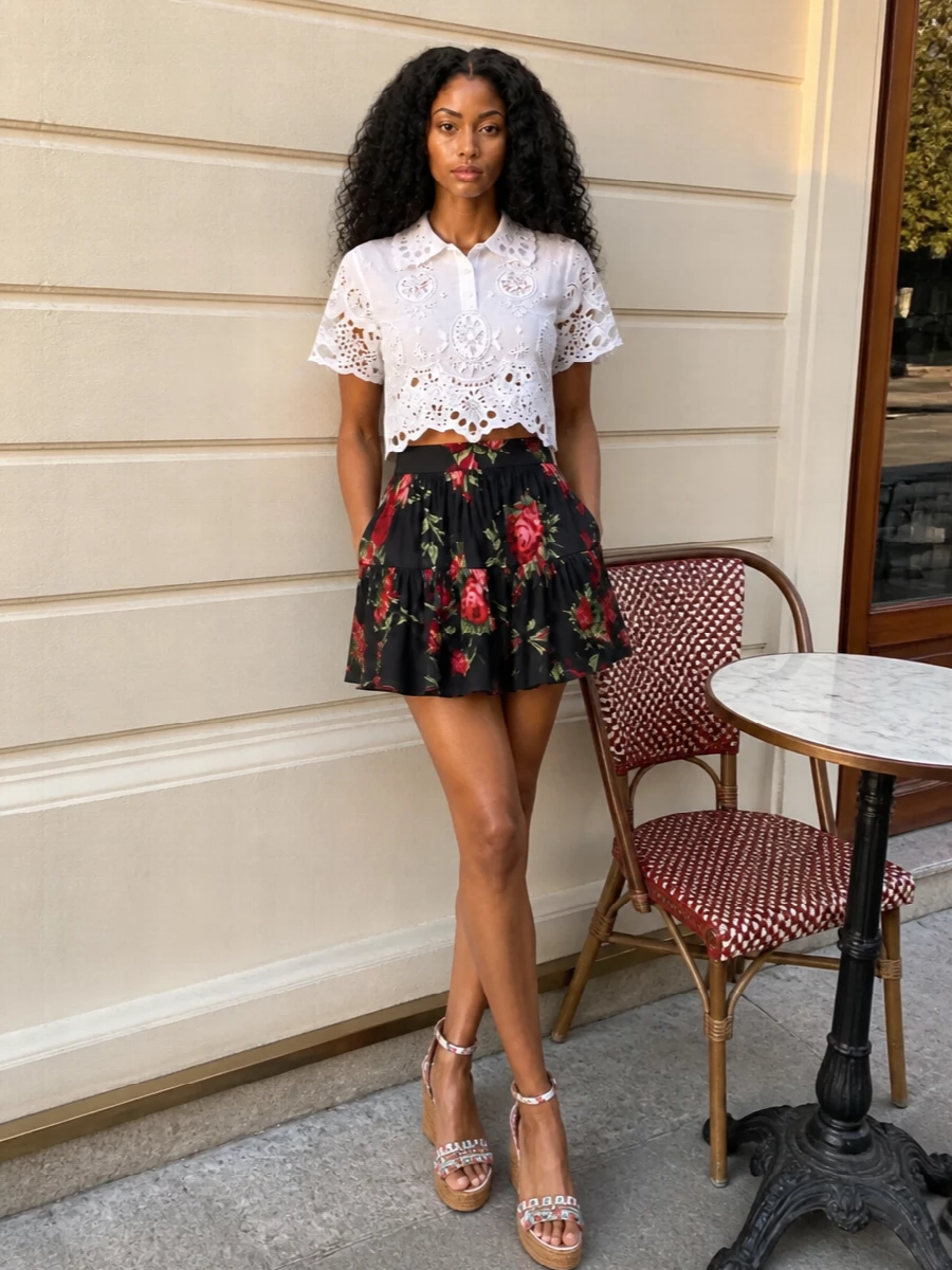 Dolce gabbana white crop blouse floral mini skirt
