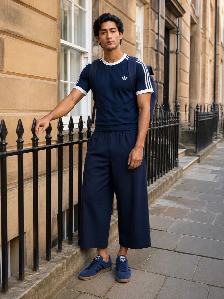 Adidas navy wide shorts striped tee sneakers