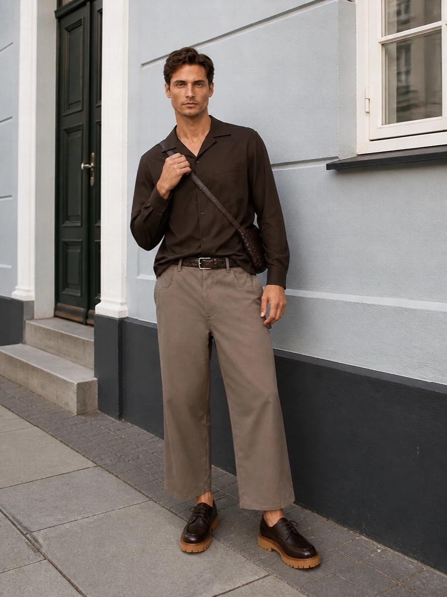Taupe wide-leg cropped chinos meet a fluid deep-brown camp-collar shirt for a calm, tonal take on relaxed tailoring. A chunky brown lug-sole loafer anchors the volume, while a woven espresso belt and curved chocolate crossbody bring in just enough texture. The result is quietly precise city dressing that reads thoughtful rather than over-styled.