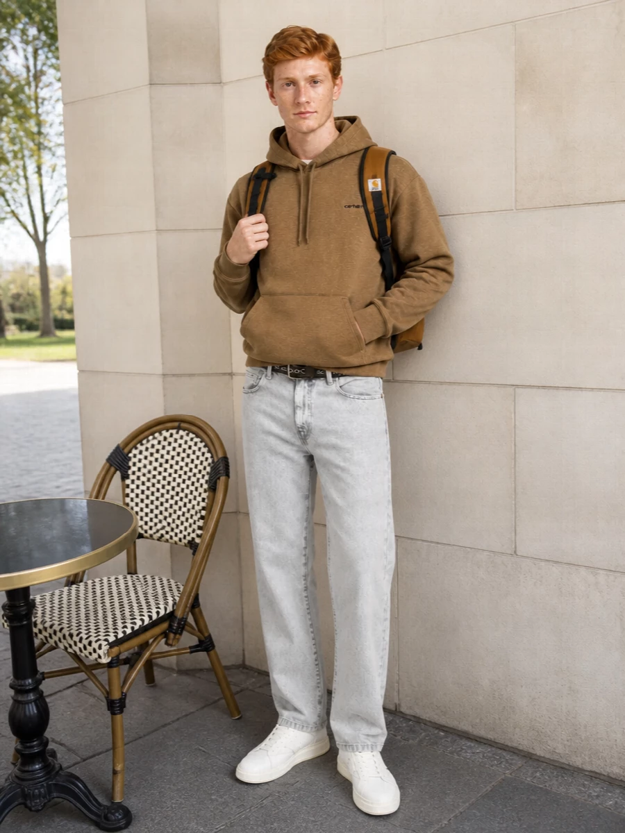 Carhartt hoodie light grey jeans white sneakers