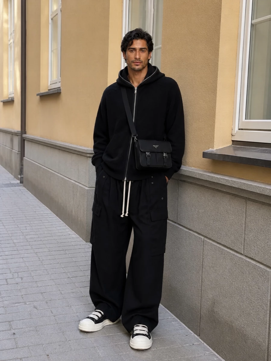 Rick owens wide leg cargo pants hoodie outfit