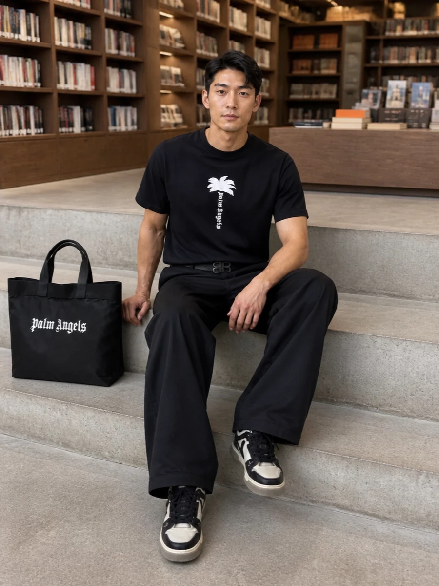Palm angels black tee wide leg trousers outfit