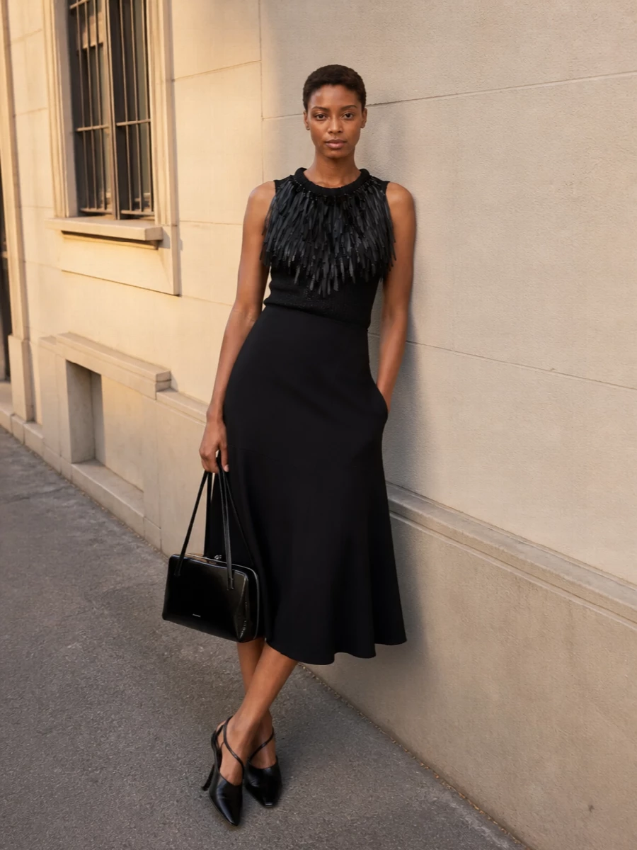 Jil sander black fringe top flared midi outfit