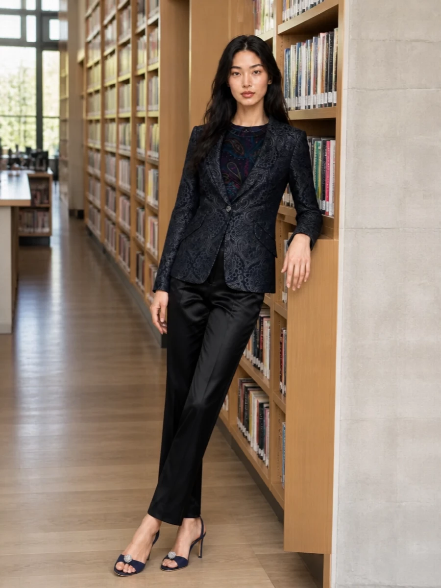 Etro navy paisley blazer velvet top satin pants