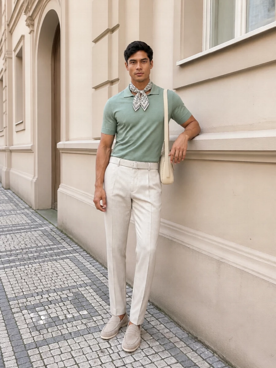 Sage knit against light-beige pleated tailoring creates a calm, modern take on smart summer dressing. Pale suede loafers and a slim buttercream shoulder bag keep everything light on the eye without losing sharpness. A softly patterned scarf brings just enough structure and interest at the neckline to feel considered rather than fussy.