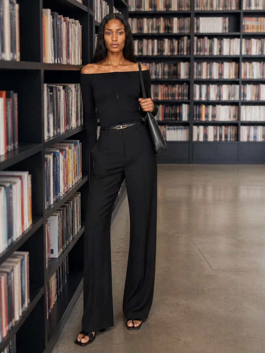 Courreges wide leg trousers black off shoulder top