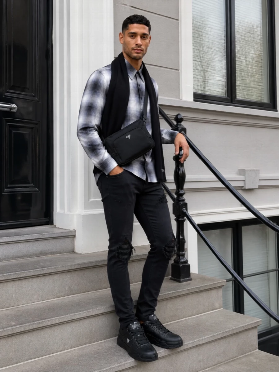 Amiri plaid shirt black jeans sneakers outfit