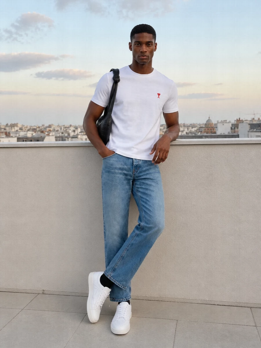 Ami paris tee mid blue jeans white sneakers