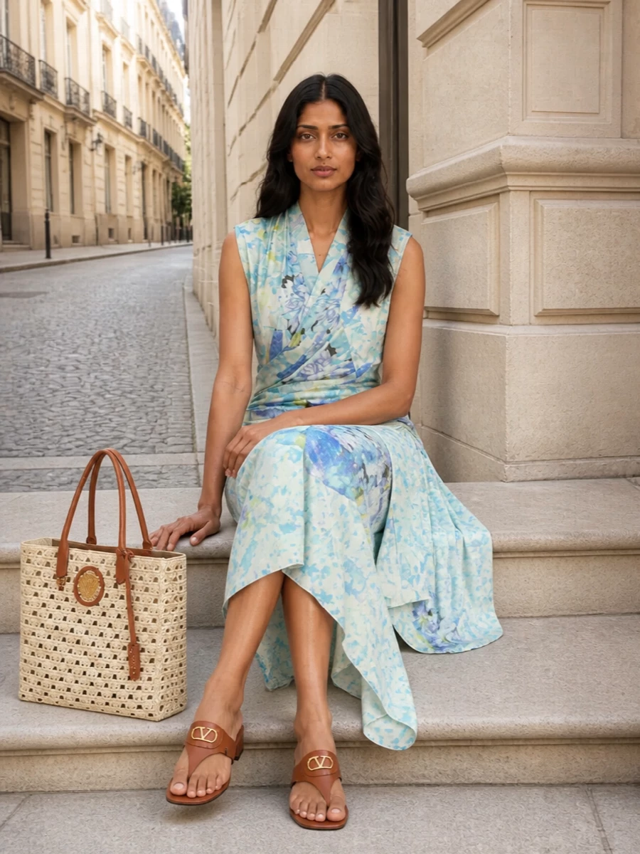 A pale, floral Margiela wrap midi and the Versace raffia tote create a soft, boho-leaning summer ensemble that still reads polished and intentional. Tan block-heel thong sandals pick up the bag’s leather and gold accents, keeping the palette warm and cohesive while giving just enough height for terrace dinners or garden parties. This path leans into the dress option for a cleaner, more romantic line that suits the tote’s resort-preppy energy better than a top-and-trouser combination would.