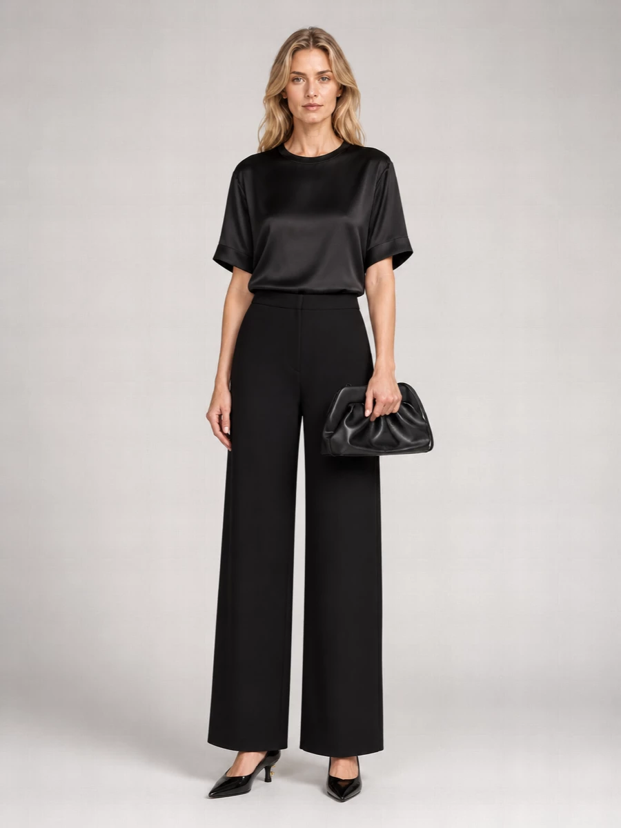 A liquid-black satin shell pairs with precise high-waisted wide-leg tailoring for a long, quiet statement line. Patent kitten heels and a sculpted clutch keep the mood polished but discreet, perfect for art openings or late dinners. The all-black palette focuses everything on cut, sheen and proportion rather than logos.