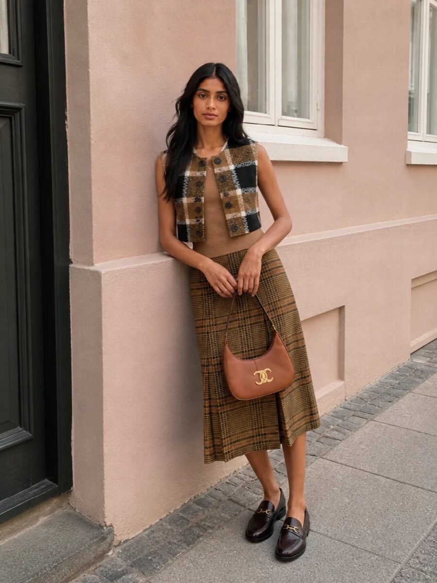 Celine checked vest saint laurent midi outfit