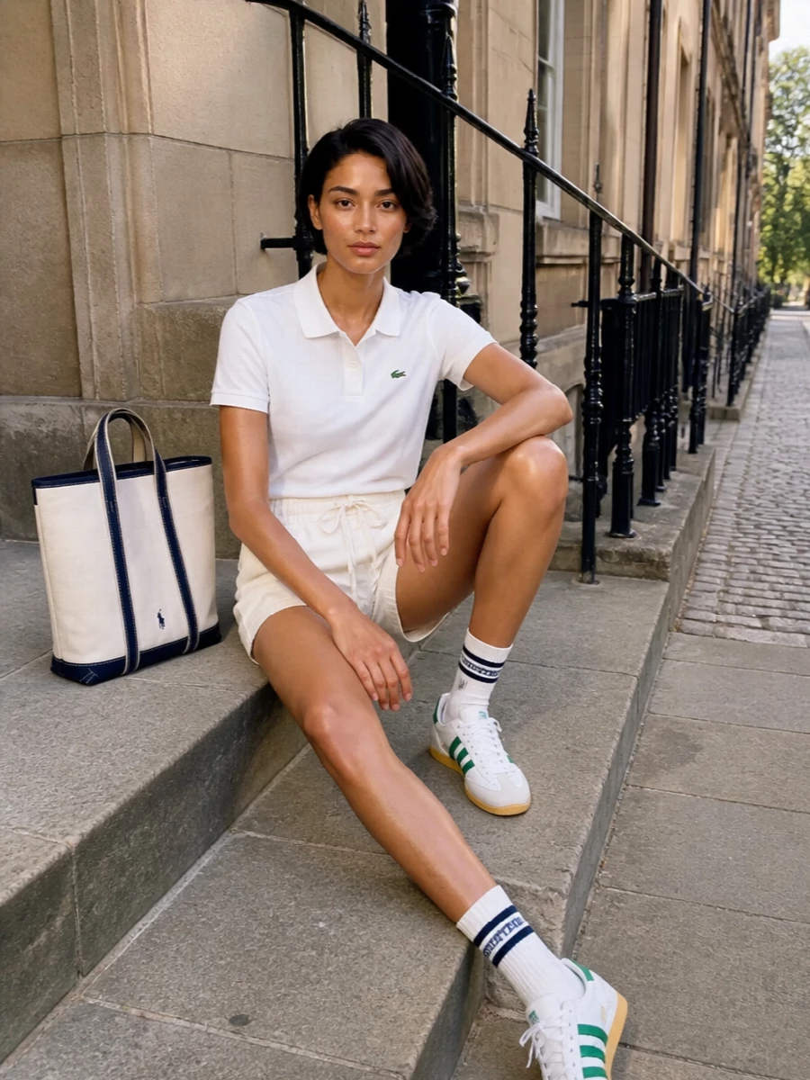 A clean white Lacoste polo meets soft ivory drawstring shorts for a fresh, court-adjacent take on casual days. Green-striped Adidas trainers and cream varsity socks keep the palette tight and sporty. A structured cream‑and‑navy canvas tote finishes the outfit with a polished preppy nod that still feels relaxed for city errands or weekends away.
