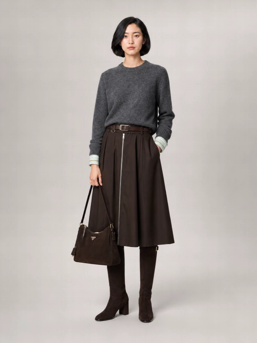 Prada Zip-Front Midi A-Line Skirt