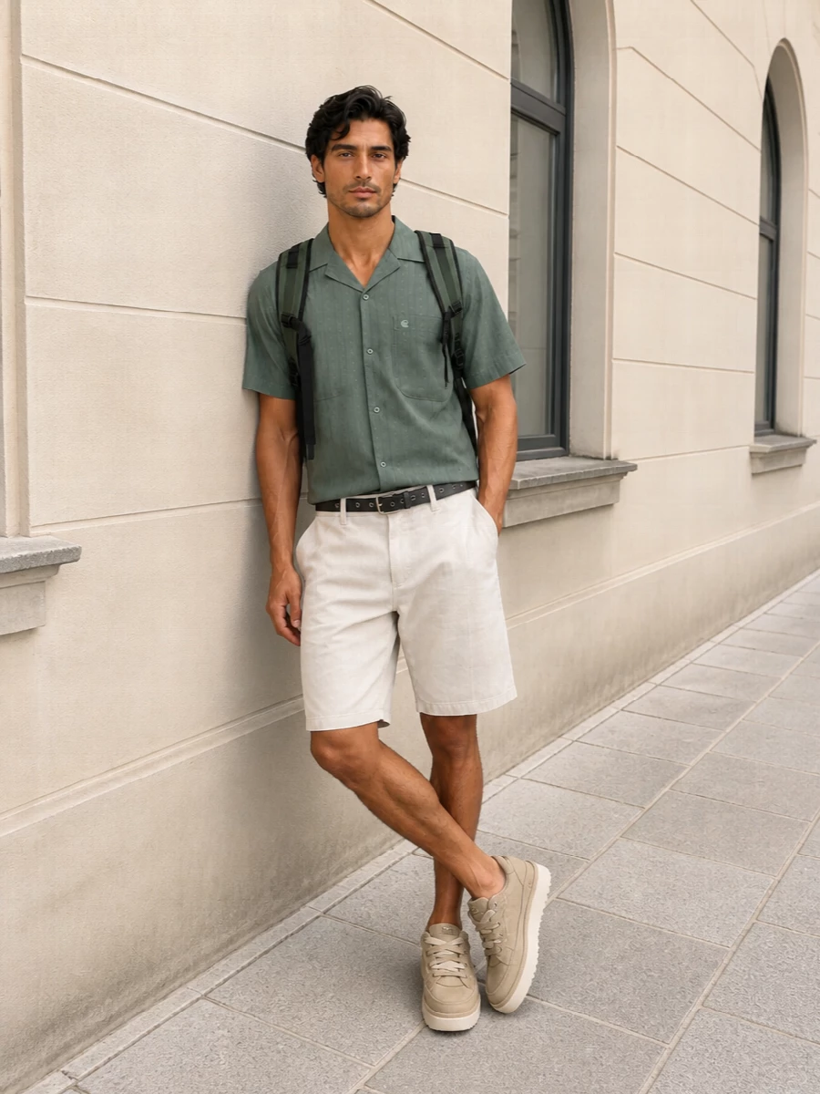Carhartt shorts green shirt beige ugg sneakers