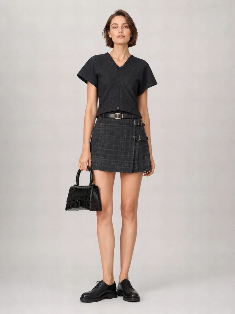 Balenciaga Wool Checked Wrap Pleated Mini Skirt