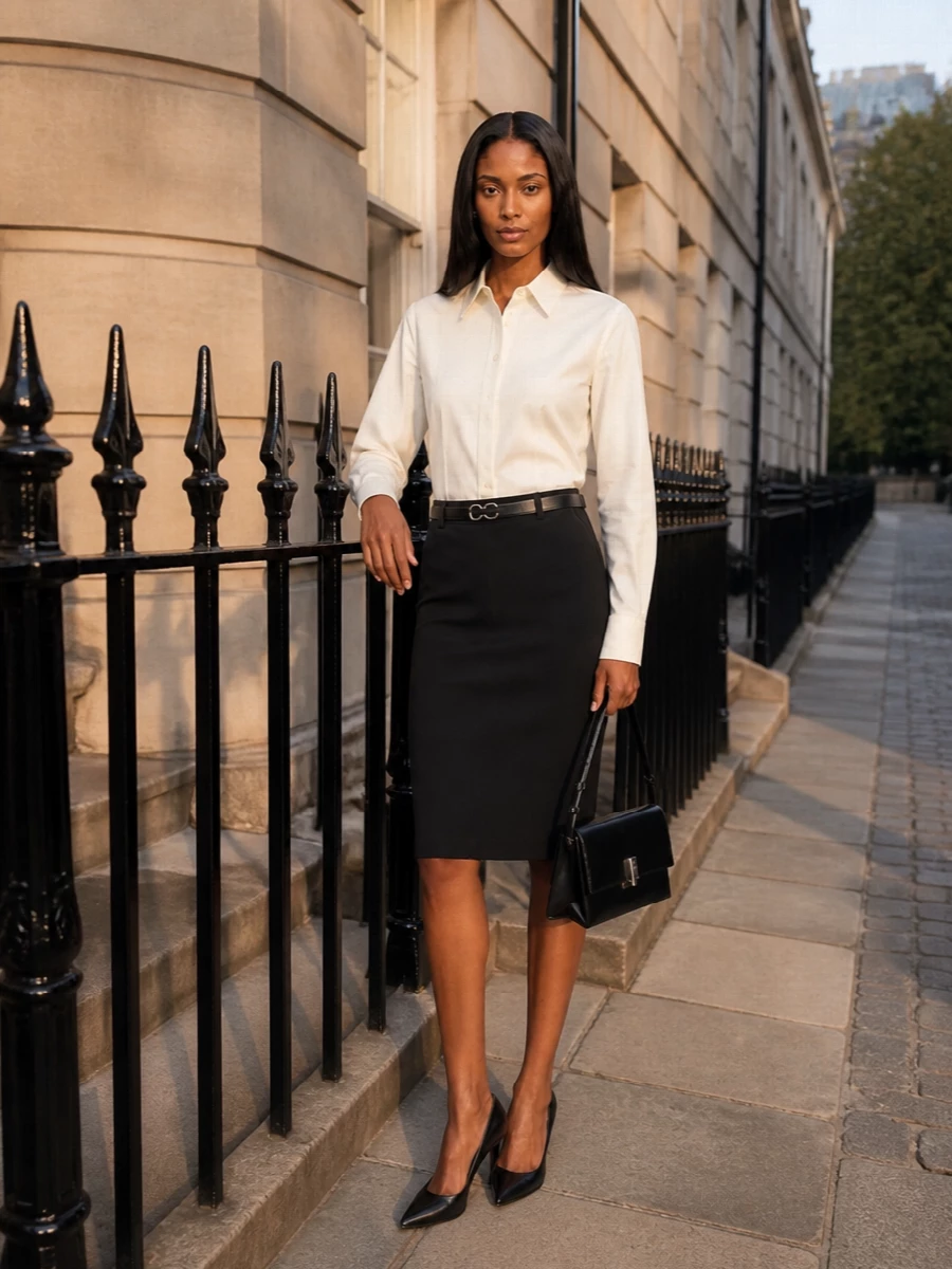 A Ferragamo pencil skirt meets a precisely cut ivory shirt for a calm, tailored contrast that feels sharp without being severe. Sculpted black pumps and a structured black shoulder bag underline the clean lines and hardware details, while a slim belt subtly defines the waist for boardroom-ready polish that reads equally well at a late dinner.