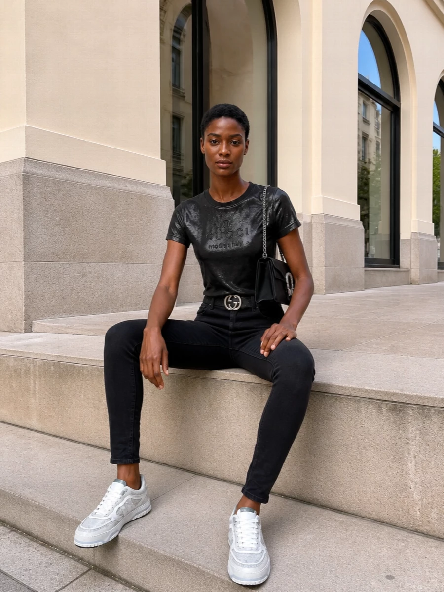 Gucci metallic tee black skinny jeans sneakers