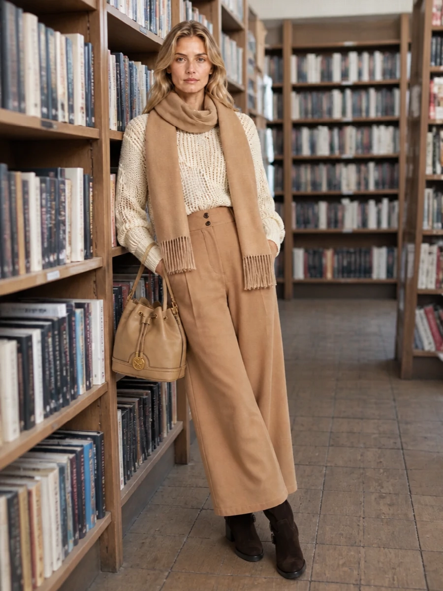 A deconstructed buttercream knit pairs with long, pleated camel trousers to create a relaxed but considered city uniform in layered neutrals. Dark chocolate knee-high boots ground the volume, while a camel bucket bag and tonal scarf pull the palette together for a quietly confident finish.