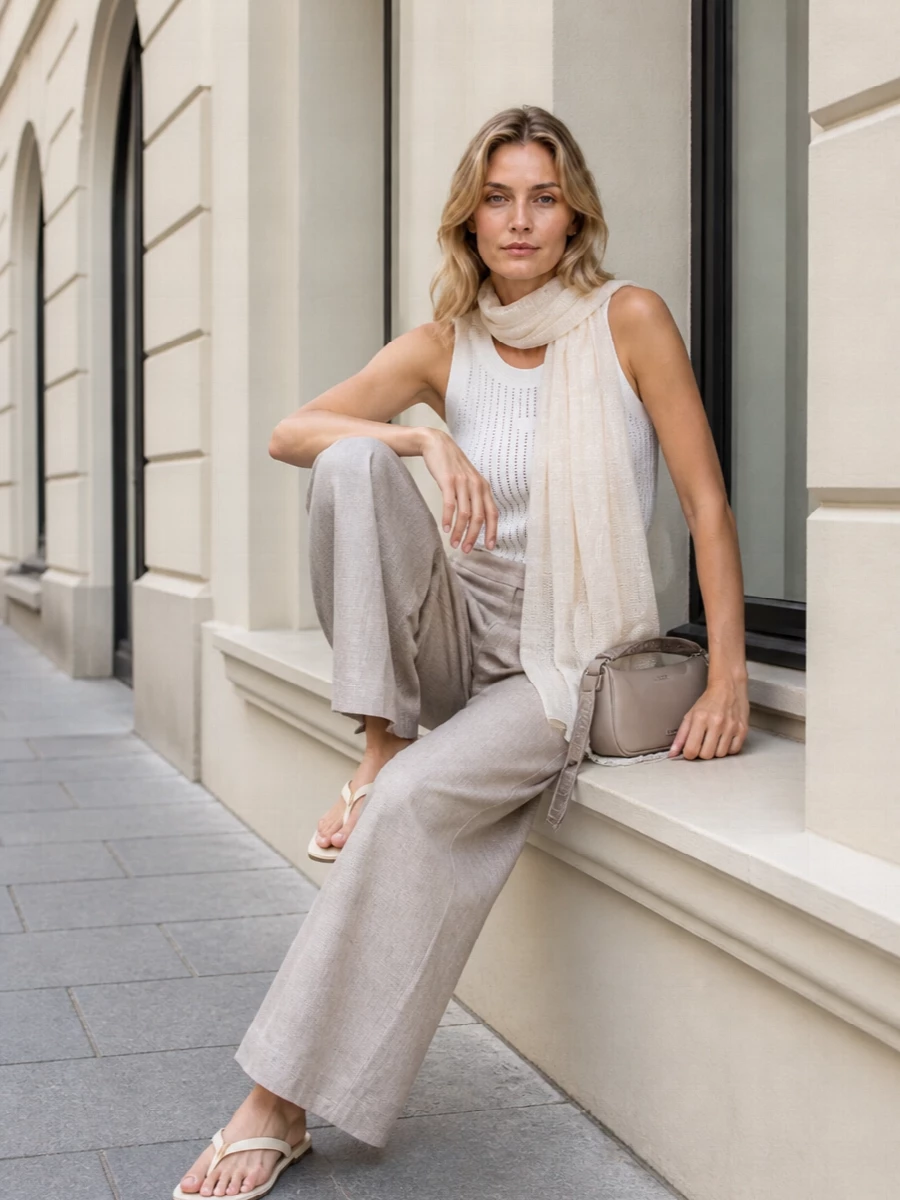 A soft white perforated tank meets textured light‑beige wide‑leg trousers for a long, clean column of quiet neutrals. Cream thong slides and a taupe mini baguette keep the mood relaxed yet precise, while a gauzy ivory‑and‑beige scarf adds just enough texture without disturbing the minimalist ease.