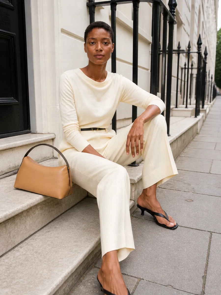 Toteme buttercream trousers draped top outfit