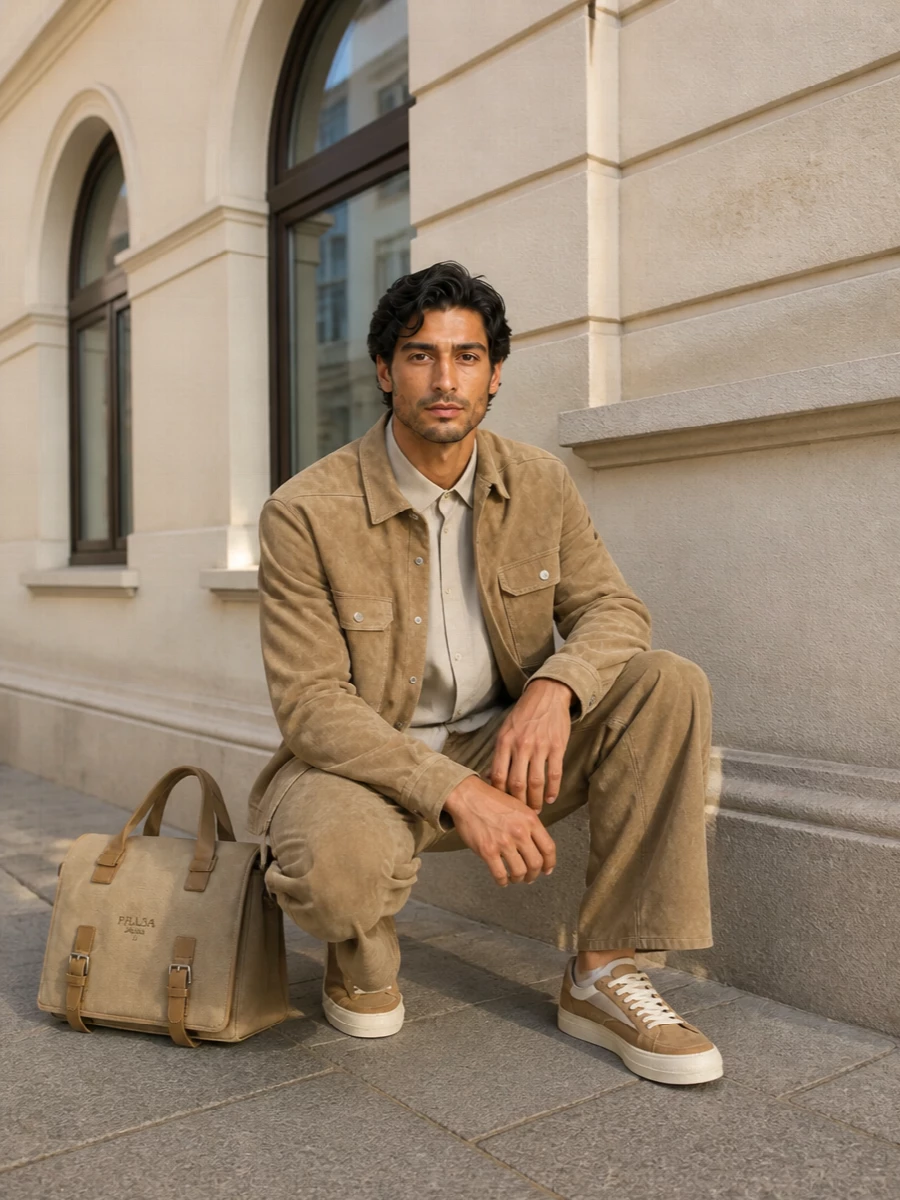 Rick owens camel shirt jacket suede sneakers