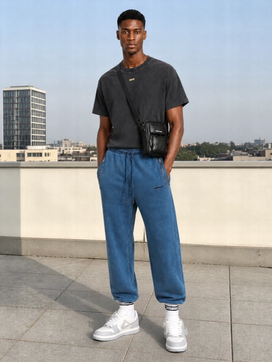 Off white denim joggers charcoal tee white sneakers